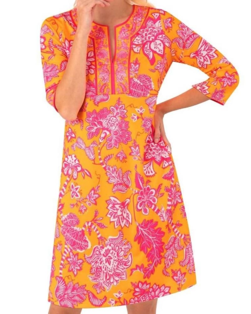 Front of a model wearing a size L Jersey Split Neck Dress - Glorious In Orange/Pink in Orange/Pink by GRETCHEN SCOTT. | dia_product_style_image_id:346916